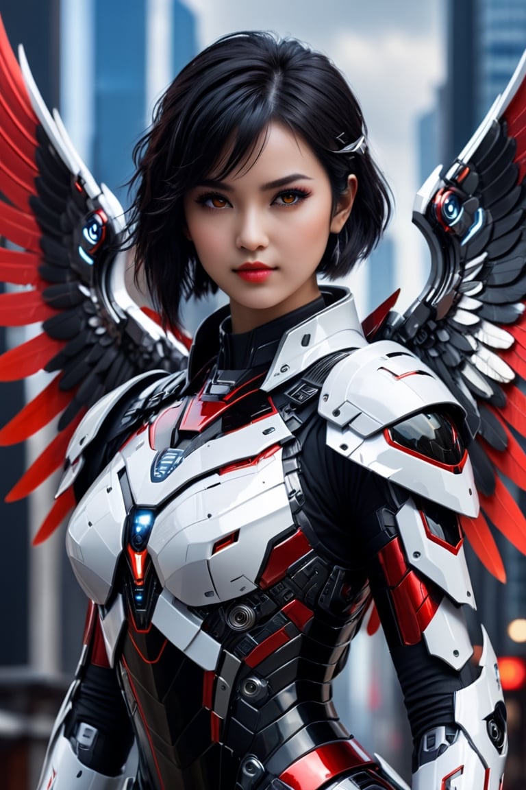 masterpiece, best quality, 1 30 year old girl, big wings of amor god,close up, black hair, short hair one side facing up, future city background, robot eyes, black eyes,shiny white and red color armor, leging,CyberskullAI,cyborg style,16k,UHD,realistic,artistic futuristic,neon,framing : (close up),frontal,looking_at_viewer,focus on face