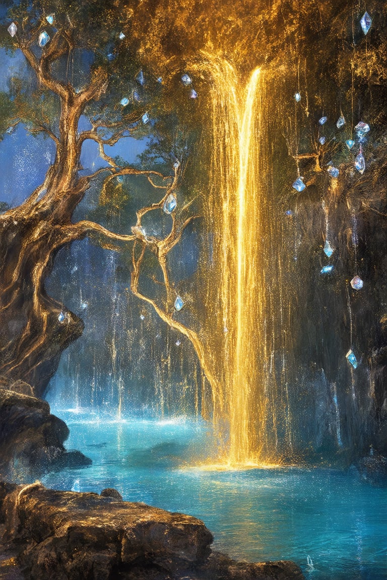 In a dreamlike scenario, a majestic waterfall composed of molten liquid gold cascades down a rocky precipice, its warm glow illuminating the air. The golden torrent flows seamlessly into a crystal-clear pool of shimmering glass, where refracted light dances across its surface. Amidst this surreal backdrop, crystalline trees with facets like diamonds stretch towards the sky, their delicate limbs adorned with sparkling gemstones that hover effortlessly in mid-air.