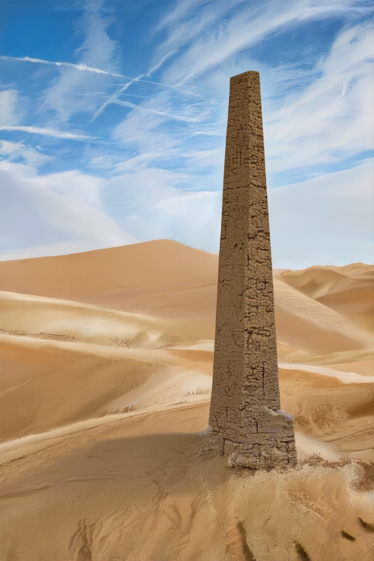 A desolate desert landscape with giant, wind-sculpted sand dunes, a lone weathered obelisk standing tall under a sky full of swirling dust clouds.