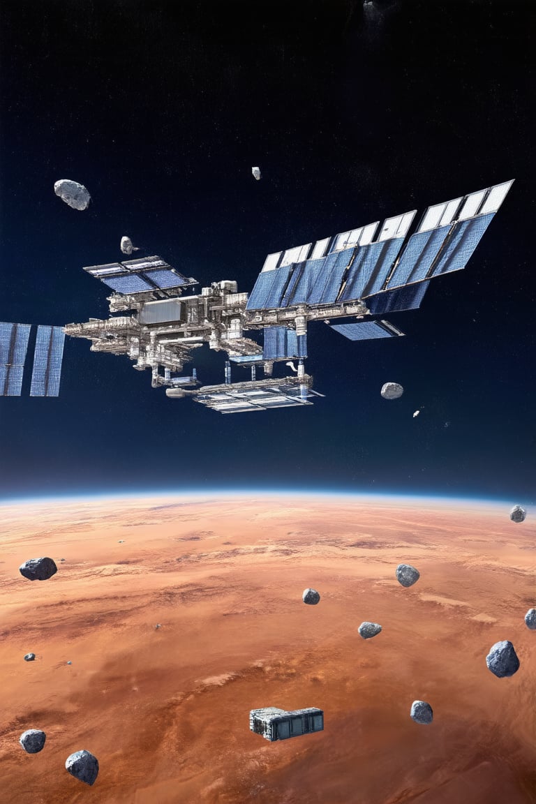 A futuristic space station orbiting a distant planet, with massive solar panels, docking bays, and asteroids floating nearby in the vast expanse of space.