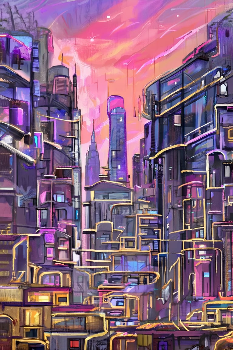 A digital painting of a futuristic cityscape with buildings made of glass and light, reflecting a sky ablaze with a sunset of brilliant purples, pinks, and golds.