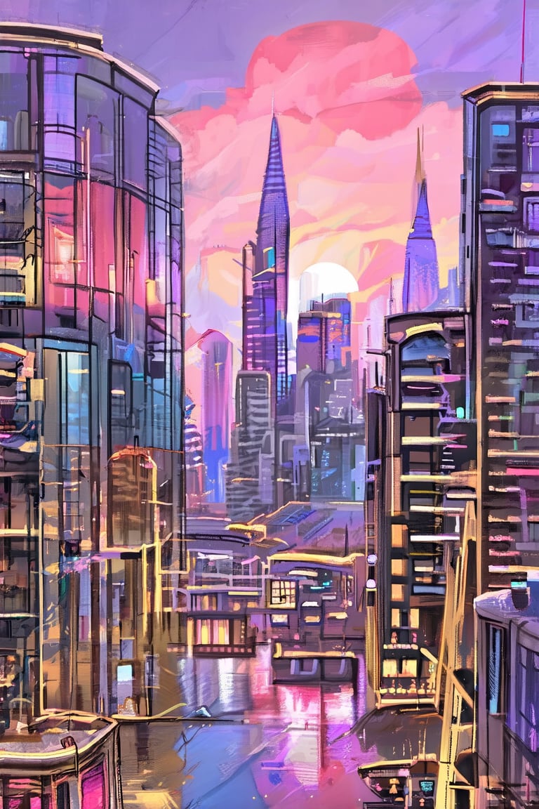 A digital painting of a futuristic cityscape with buildings made of glass and light, reflecting a sky ablaze with a sunset of brilliant purples, pinks, and golds.