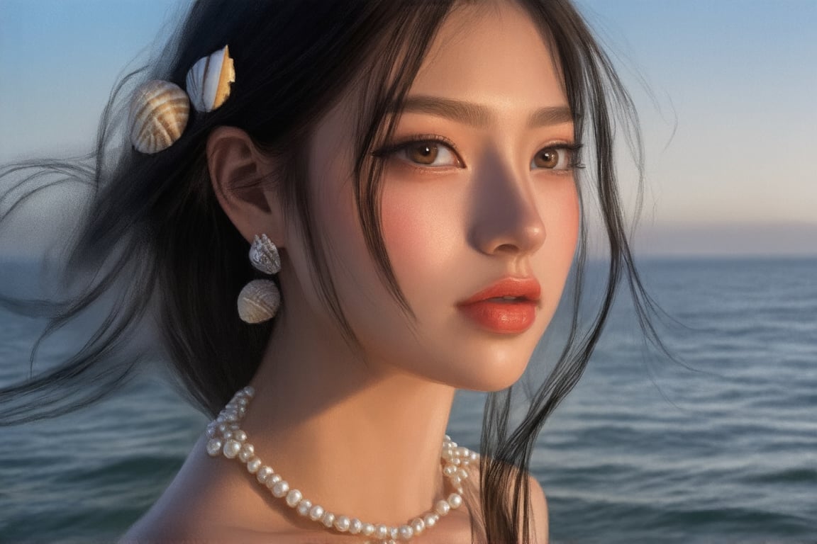 Ethereal morning light casts a warm glow on the serene face of the girl, her porcelain complexion radiant against the soft focus of the tranquil ocean at dawn. Pearls and delicate seashells adorn her raven tresses, which flow like the waves in harmony with the gentle breeze. Her gaze drifts out to sea, lost in contemplation as the golden light dances across the rippling waters.