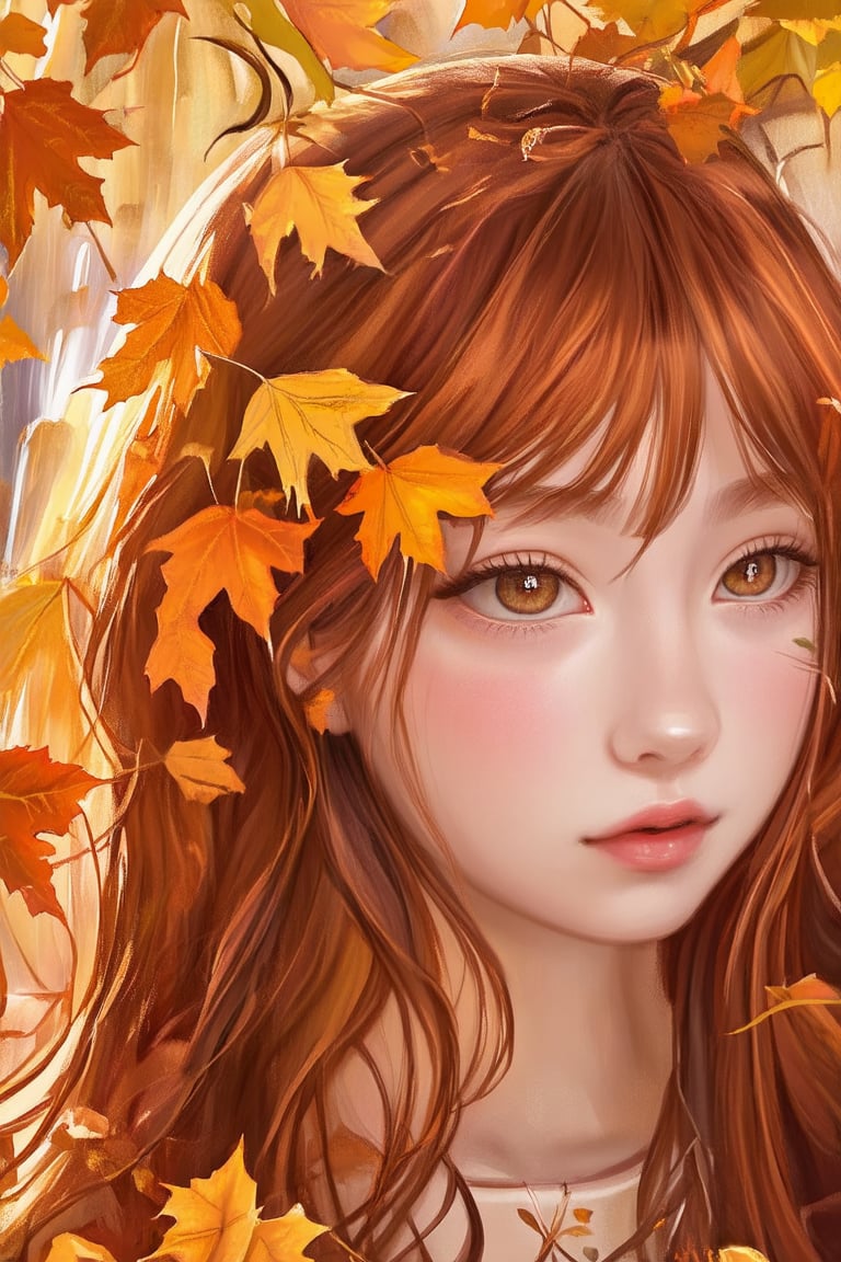 A serene portrait of a girl with flowing auburn hair, surrounded by a cascade of autumn leaves, her eyes reflecting the warm golden hues of a late afternoon sun.