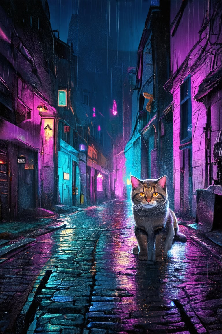 Shattered neon hues illuminate the dark alleyway's wet cobblestone streets, where a lone feline form, rain-soaked and bedraggled, takes refuge in the corner, its eyes glinting like embers amidst the city's synthetic din.