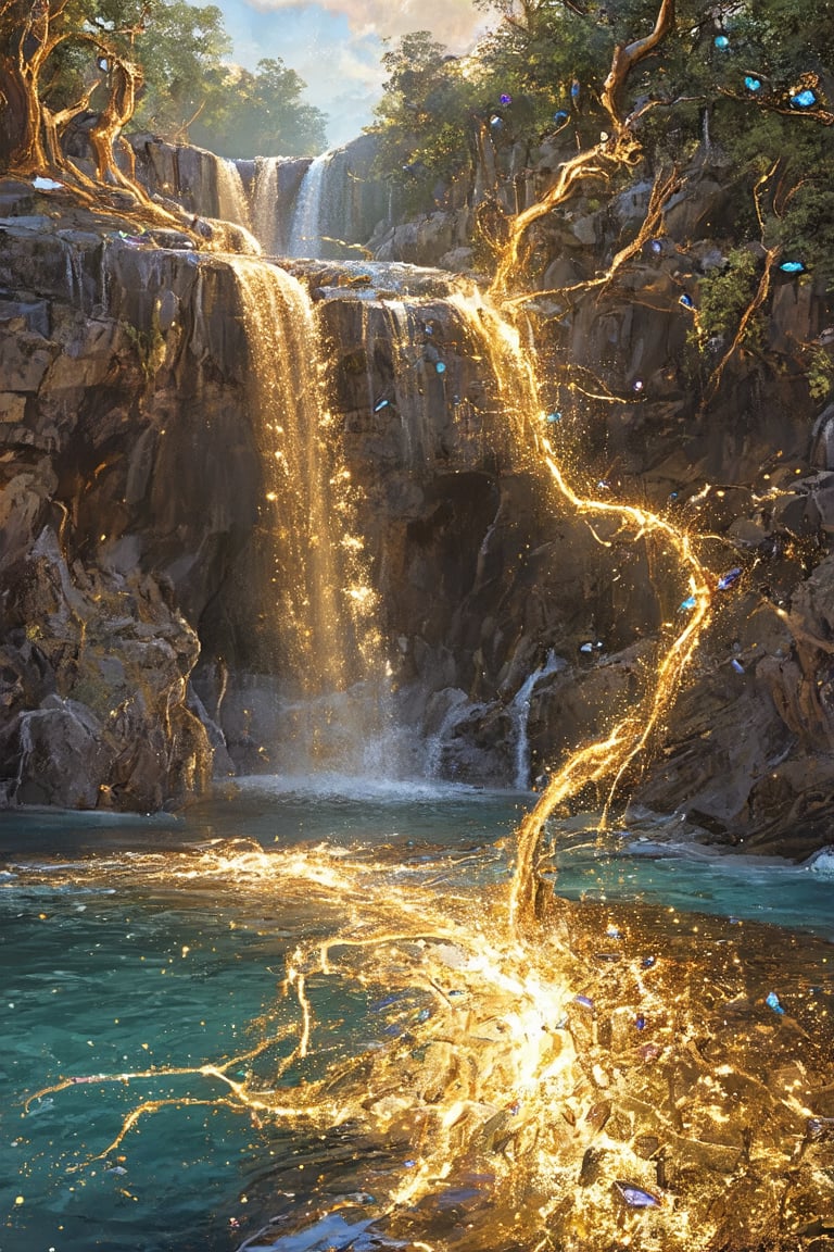 In a dreamlike scenario, a majestic waterfall composed of molten liquid gold cascades down a rocky precipice, its warm glow illuminating the air. The golden torrent flows seamlessly into a crystal-clear pool of shimmering glass, where refracted light dances across its surface. Amidst this surreal backdrop, crystalline trees with facets like diamonds stretch towards the sky, their delicate limbs adorned with sparkling gemstones that hover effortlessly in mid-air.