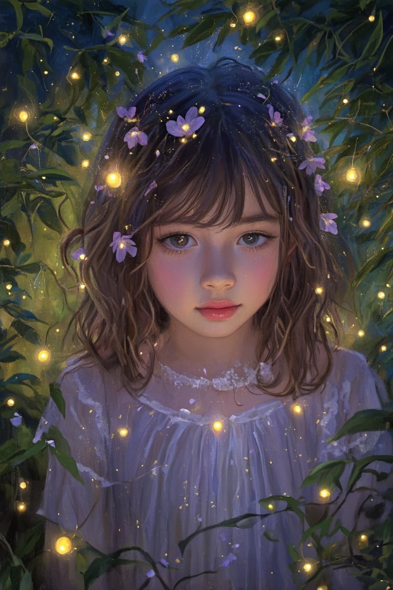 In this enchanting twilight scene, a young girl's delicate features are softly bathed in the warm, ethereal light of fireflies dancing around her. Her tousled locks are intricately woven with flower petals, adding a whimsical touch to her already dreamy visage. The camera captures her serene expression as she stands amidst a lush garden, the verdant foliage and twinkling fireflies creating a sense of intimacy and wonder.