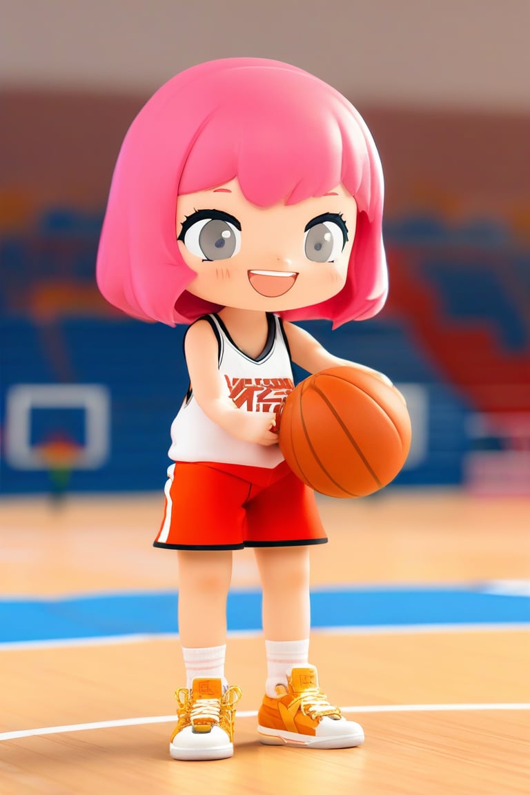 ((photograph of a stylized doll))chibi, high resolution, single woman, Anya Forger, pink hair, bob hair, gray eyes, smiling, selfish target, basketball, wearing basketball uniform, cheering, basketball court, chibi, smiling, grinning, self-satisfied, full body, chibi, 3D figure, toy, doll, character print, front view, natural light, ((realistic)) 1.2)), dynamic pose, medium movement, perfect cinematic perfect lighting, perfect composition, Anya Forger Spy x Family,((photograph of a stylized doll))