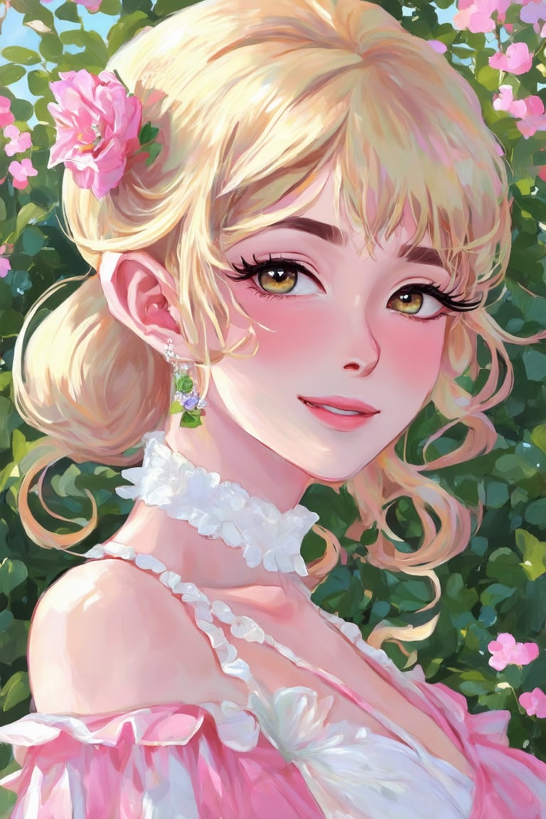 a stylized illustration of a female character with a focus on her face and upper body. The character has large, expressive eyes with long eyelashes, which are a prominent feature. Her hair is blonde, wavy, and styled in an updo with a pink flower accessory. The background is adorned with pink flowers, suggesting a theme of femininity or springtime. The attire appears to be a soft pink garment with ruffled details, indicating a delicate or romantic style