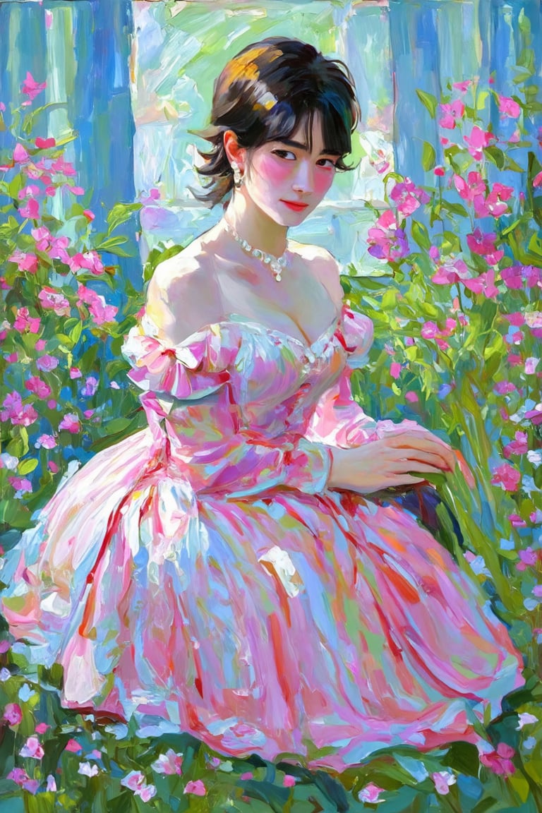 a person who is the central subject, seated among flowers. The individual is wearing a pink dress, which suggests a setting that could be associated with themes of femininity or springtime. The background consists of a blue curtain, which provides a contrasting backdrop to the vibrant colors of the flowers and the dress. The overall composition of the image, with its soft lighting and floral surroundings, evokes a sense of tranquility and natural beauty.,Claude Monet,pastel brushstrokes,Coquette aesthetic