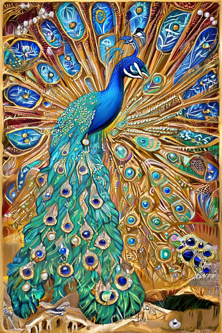 A vibrant, hand-painted mural of a peacock with a fully fanned tail, the feathers composed of intricate patterns of jewels, pearls, and precious metals.