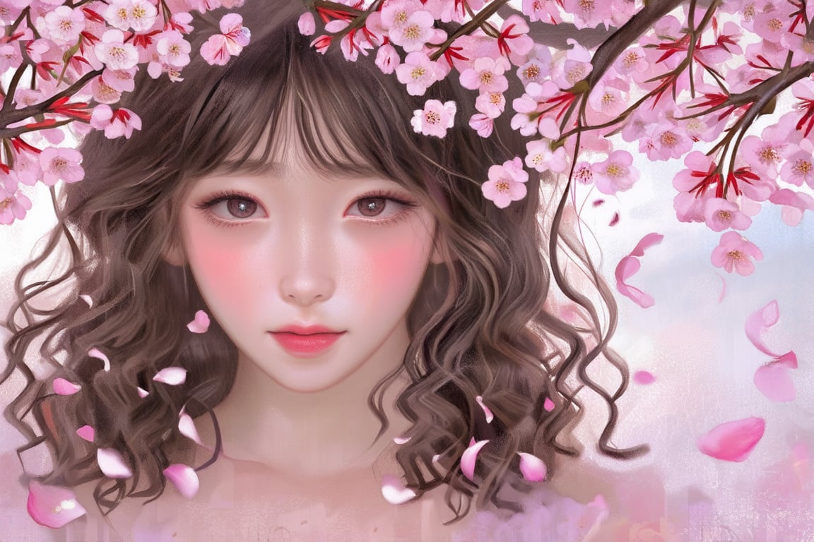 A tender portrait of a girl with soft curls framing her face, standing under a canopy of cherry blossoms, with petals gently falling around her.