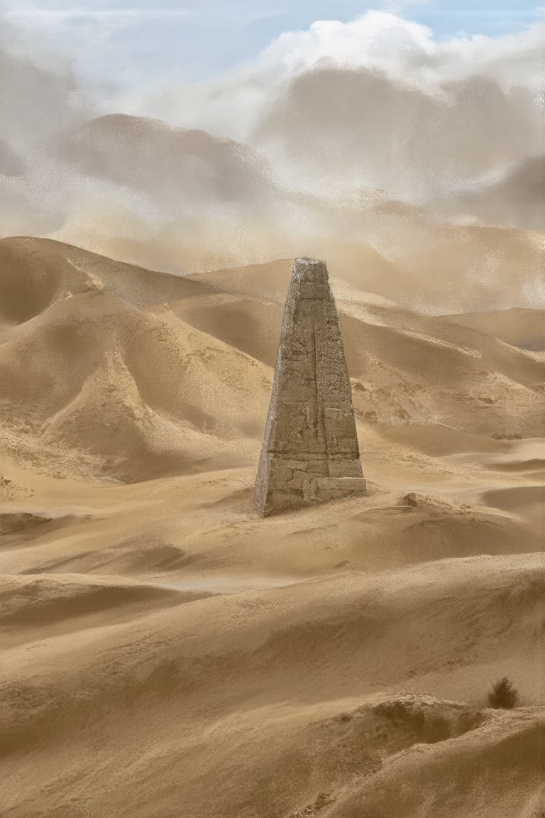 A desolate desert landscape unfurls before the viewer, where towering sand dunes are shaped by the merciless winds into giants, their ridges and valleys stretching towards the horizon. A lone, weathered obelisk stands sentinel, its worn surface bearing testament to the harsh environment. Above, a tumultuous sky churns with dust clouds, swirling in ethereal dance, as if the heavens themselves were being stirred.