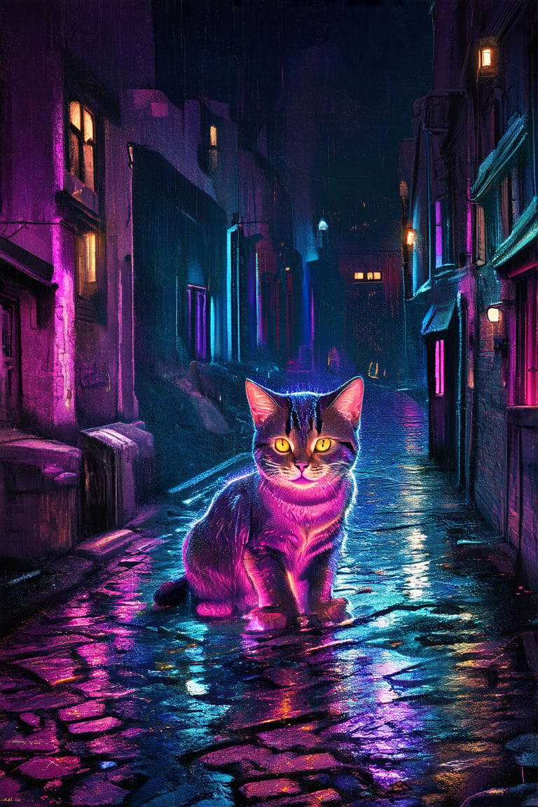 Shattered neon hues illuminate the dark alleyway's wet cobblestone streets, where a lone feline form, rain-soaked and bedraggled, takes refuge in the corner, its eyes glinting like embers amidst the city's synthetic din.