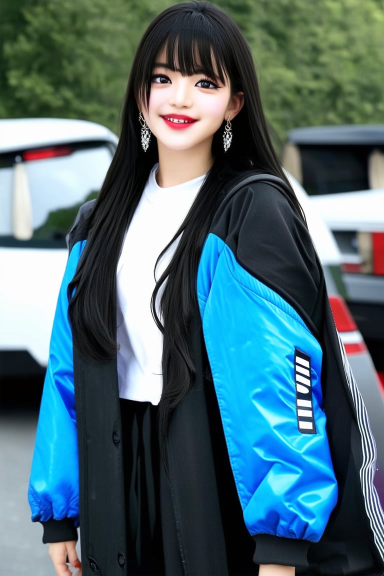 1girl, solo, long hair, looking at viewer, smile, bangs, shirt, black hair, jewelry, closed mouth, jacket, white shirt, upper body, earrings, open clothes, black eyes, open jacket, black jacket, makeup, blue jacket, ground vehicle, motor vehicle, hoop earrings, red lips, car