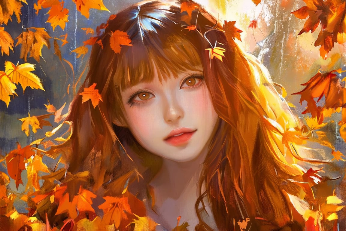 A serene portrait of a girl with flowing auburn hair, surrounded by a cascade of autumn leaves, her eyes reflecting the warm golden hues of a late afternoon sun.