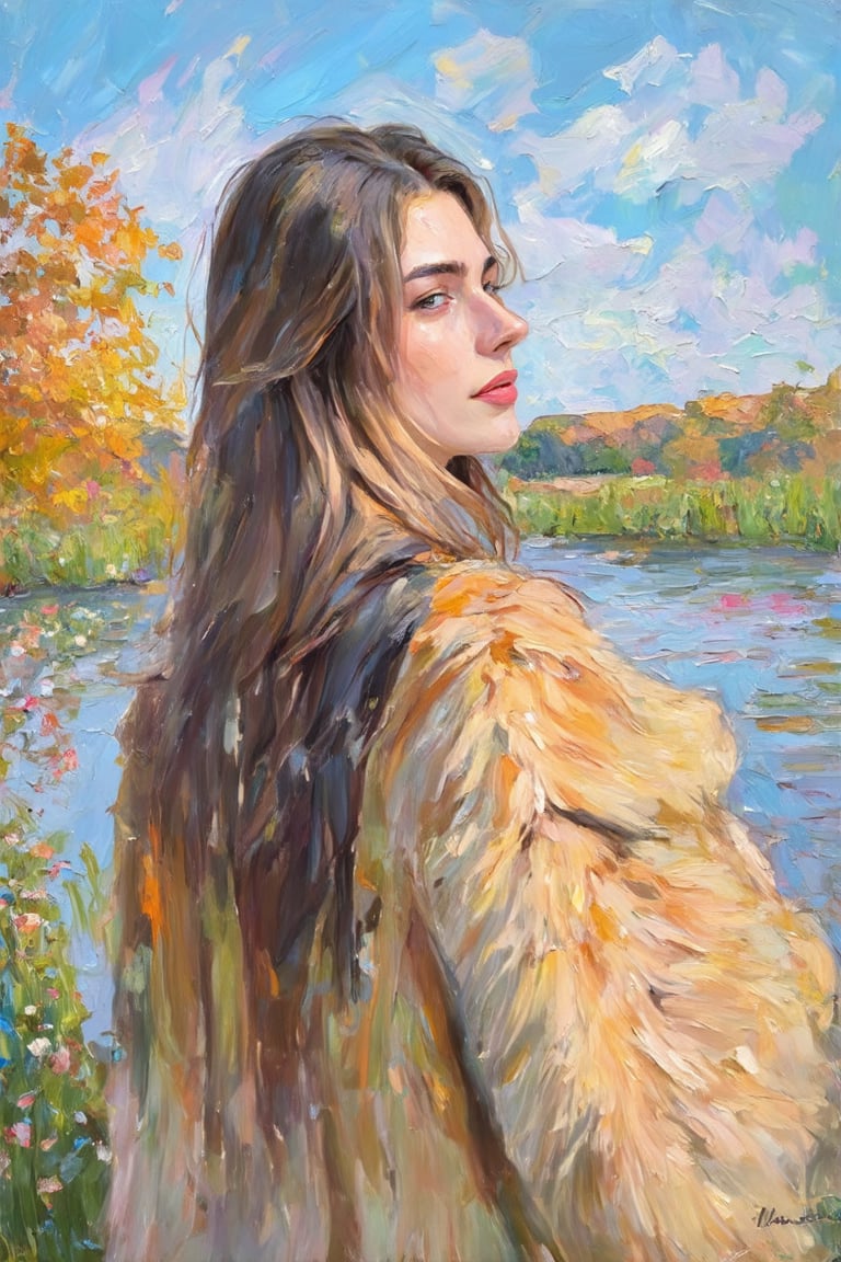 A close-up shot frames the young woman's striking feature: her long hair cascading down her back like a golden waterfall. Her fur-lined jacket and casual attire evoke a sense of understated elegance, suitable for a crisp autumn day. The minimalistic background allows the viewer's gaze to focus solely on the subject's enigmatic expression and luscious locks, with no distractions or contextual cues.Coquette aesthetic,Claude Monet,pastel brushstrokes