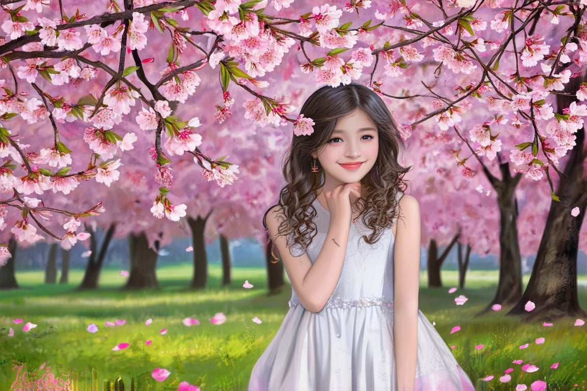 A young girl stands serenely beneath a vibrant cherry blossom canopy, delicate pink petals drifting lazily to the ground as she gazes softly into the distance, her gentle smile and soft, curly locks framing her face in a warm, inviting light.