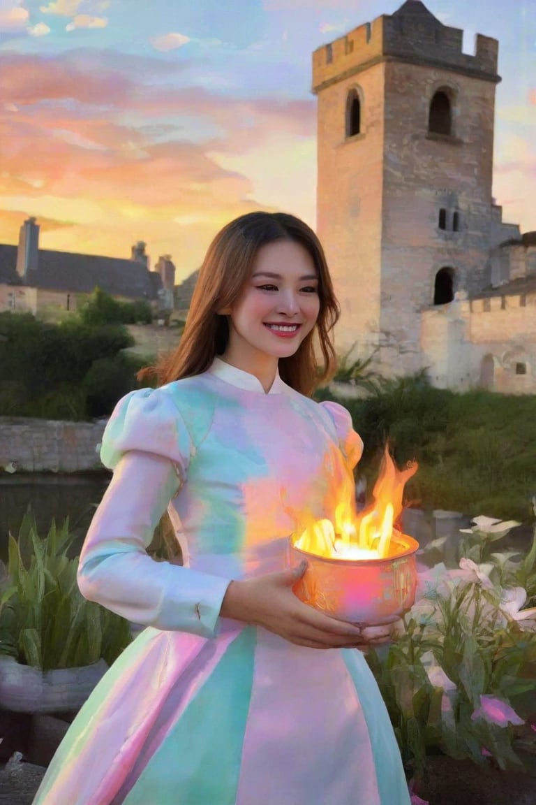 woman,,beautiful face ,smiling , mage ,2 piece dress ,beauty, sunset , castle, magic ,ligheting, fire ,picture ,fantasy cinematic .masterpiece ,high res,Claude Monet,pastel brushstrokes