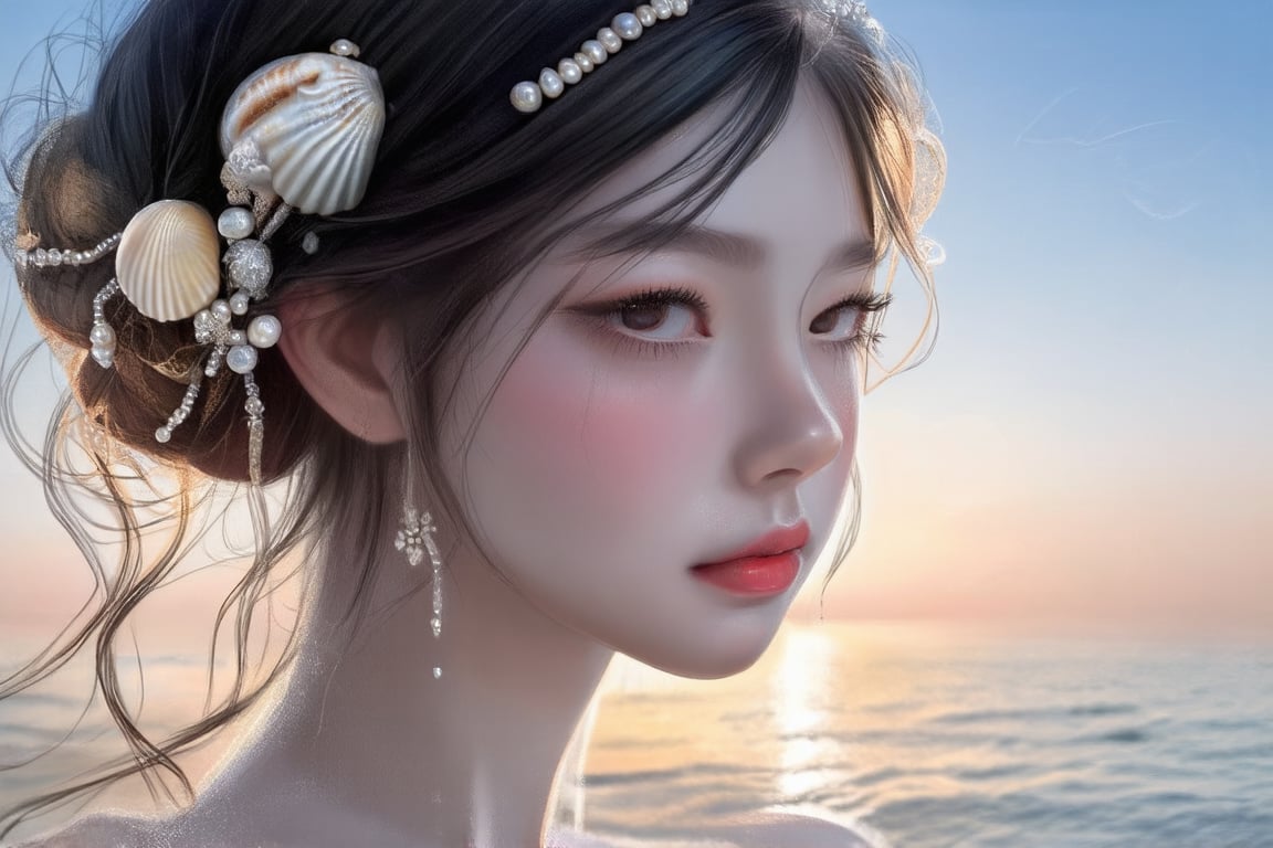 An ethereal portrait of a girl with porcelain skin, her hair adorned with pearls and seashells, as she gazes out over a tranquil ocean at dawn.