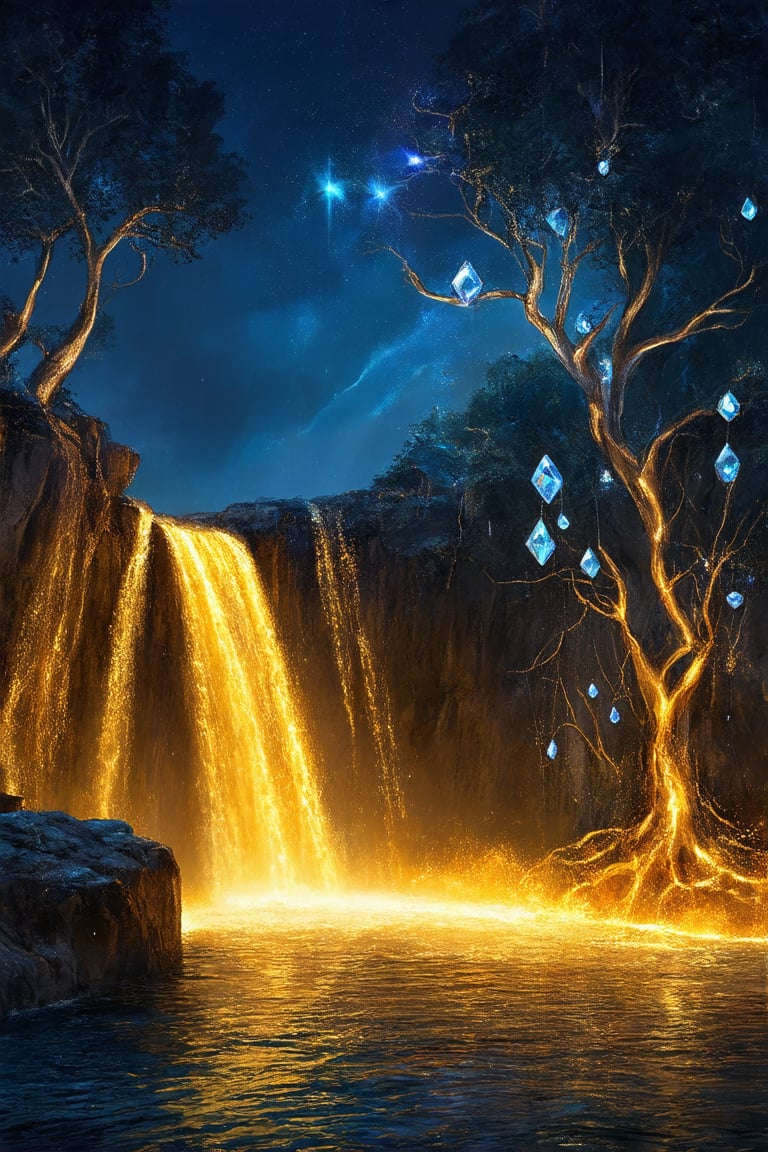 In a dreamlike scenario, a majestic waterfall composed of molten liquid gold cascades down a rocky precipice, its warm glow illuminating the air. The golden torrent flows seamlessly into a crystal-clear pool of shimmering glass, where refracted light dances across its surface. Amidst this surreal backdrop, crystalline trees with facets like diamonds stretch towards the sky, their delicate limbs adorned with sparkling gemstones that hover effortlessly in mid-air.