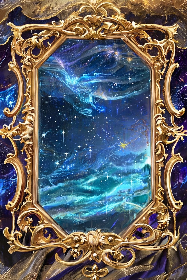 A majestic, ornate frame adorned with intricate Baroque designs surrounds the mystical enchanted mirror, its surface reflecting a celestial wonderland of swirling galaxies, twinkling stars, and wispy clouds, as if the very fabric of the cosmos has been distilled into this shimmering glass.