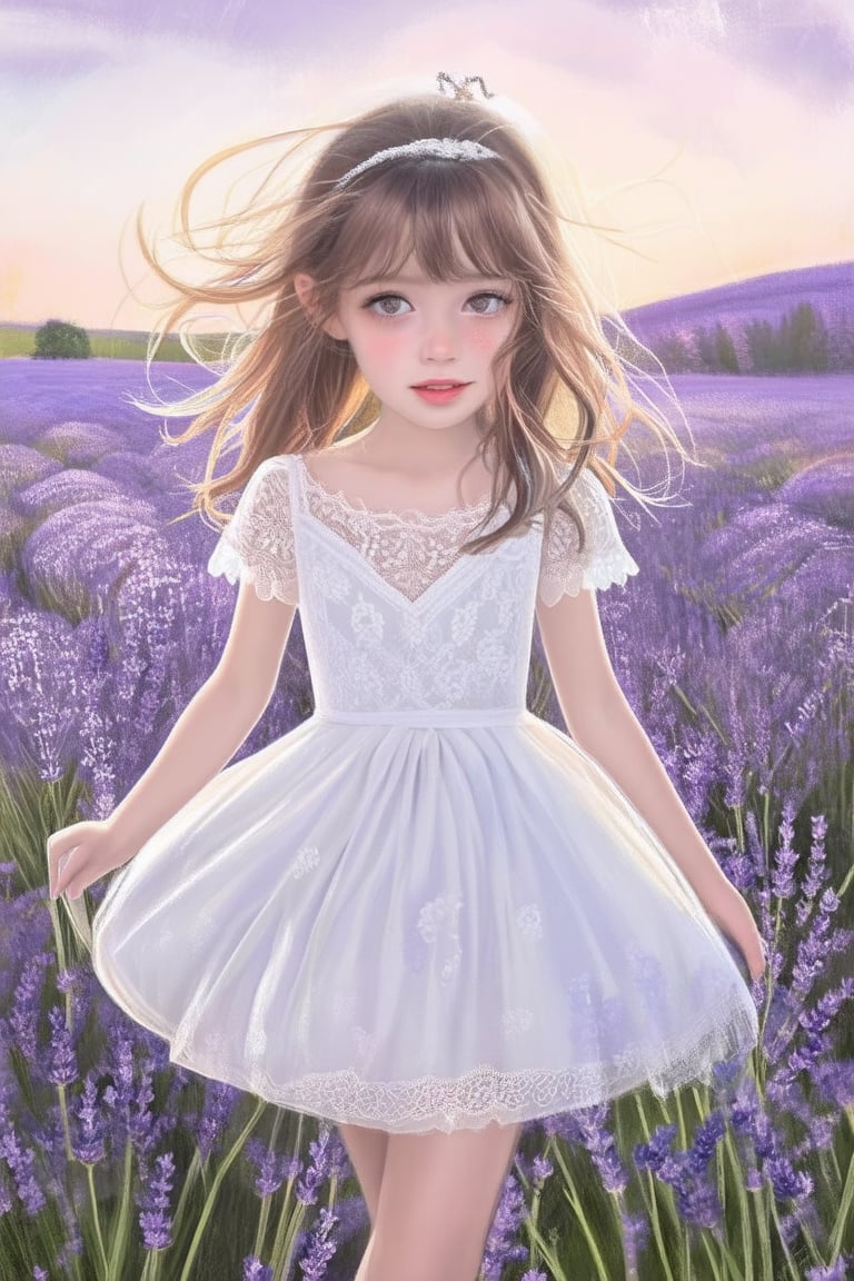 A whimsical portrait of a girl wearing a vintage lace dress, standing amidst a field of lavender, with soft wind blowing through her hair, and a distant sunset painting the sky in pastel colors.