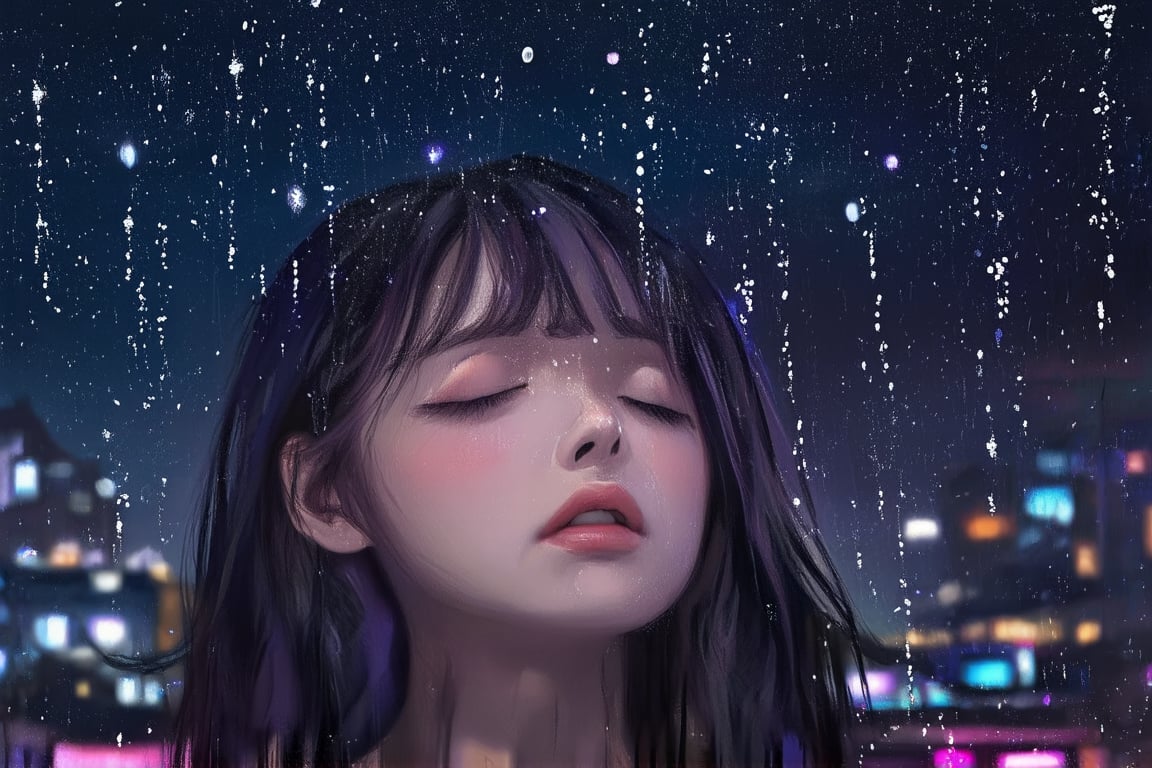 A moody, yet beautiful portrait of a young woman stands beneath the urban night sky, her face tilted upwards and eyes shut as raindrops cascade down her cheeks, glistening like tiny diamonds in the faint light. The cityscape behind her dissolves into a soft blur of neon hues, emphasizing her solitary figure.