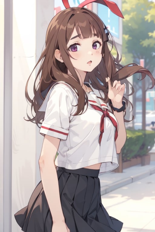 HomuraharaFemaleSummer, serafuku, black skirt, red ribbon, puffy short sleeve,AnjuYuuki, long hair,ligth brown hair