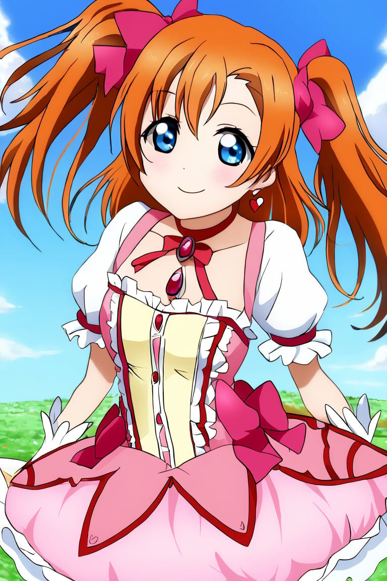 Masterpiece,best quality,ultra-detailed,lovelive_honoka,KANAMEMADOKACOSPLAY,KANAME MADOKA \(COSPLAY\),CHEST JEWEL, DRESS, FRILLED DRESS,FRILLS, MAGICAL GIRL, NECK RIBBON,PINK DRESS, PUFFY SHORT SLEEVES,PUFFY SLEEVES,smile