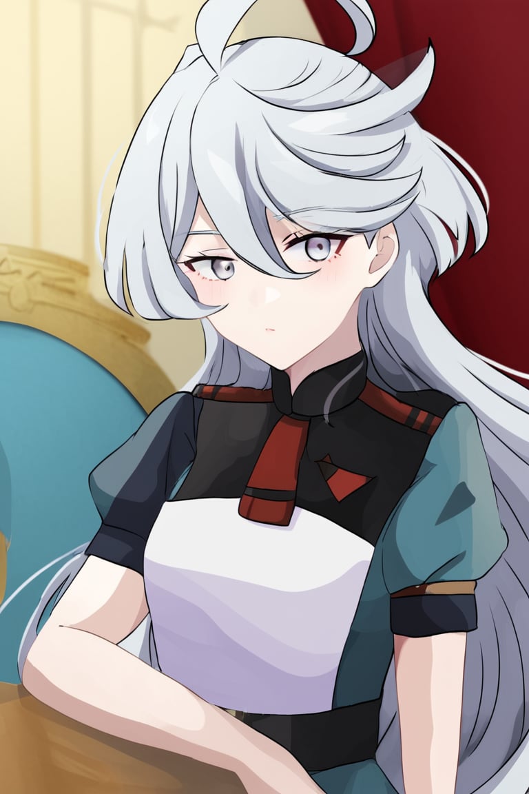 Masterpiece,best quality,ultra-detailed,miorine rembran, ahoge, grey eyes, grey hair, hair between eyes, long hair,
short sleeve maid uniform