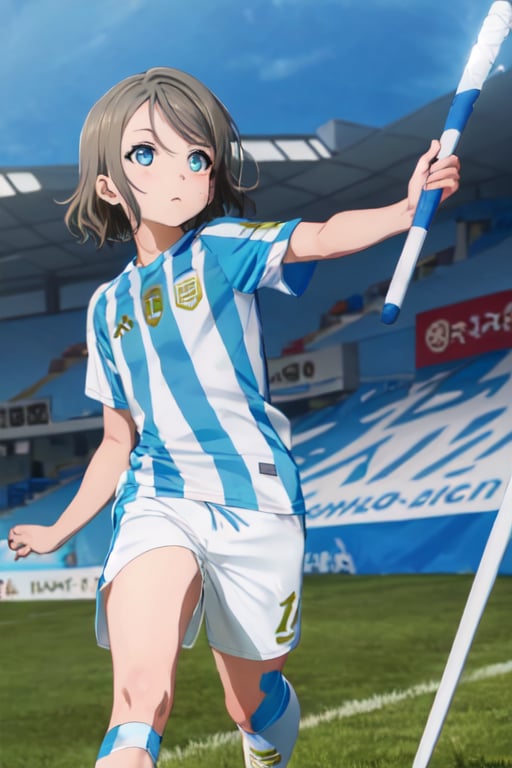 Masterpiece,best quality,sportswear,soccer uniform,shirt,shorts,light blue and white batons,you watanabe