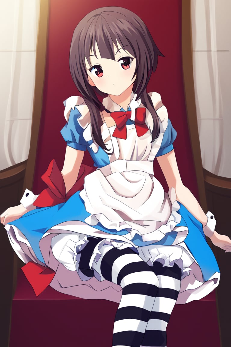 Masterpiece,best quality,ultra-detailed, megumin,ALICECOSPLAY,ALICE \(ALICE IN WONDERLAND\),\(COSPLAY\), APRON, BLACK PANTYHOSE,BLOOMERS, BLUE DRESS, BOW,FRILLED APRON, FRILLED DRESS, FRILLS,PUFFY SHORT SLEEVES, PUFFY SLEEVES,STRIPED CLOTHES, STRIPED PANTYHOSE,WHITE APRON, WHITE BLOOMERS,WHITE PANTYHOSE, WRIST CUFFS