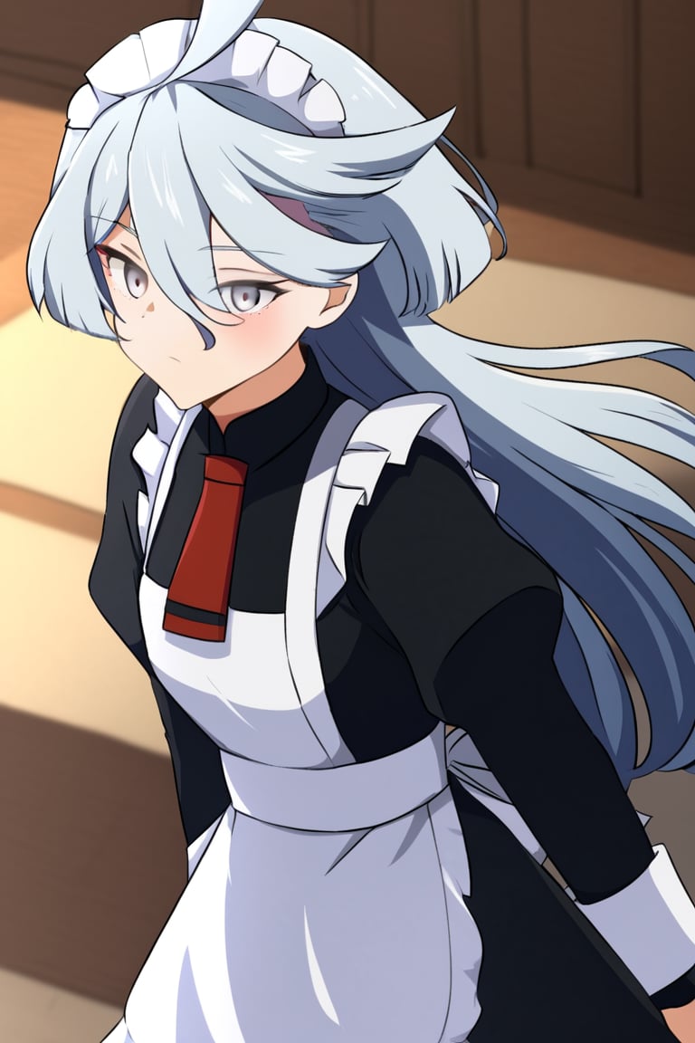 Masterpiece,best quality,ultra-detailed,miorine rembran, ahoge, grey eyes, grey hair, hair between eyes, long hair,
maid 