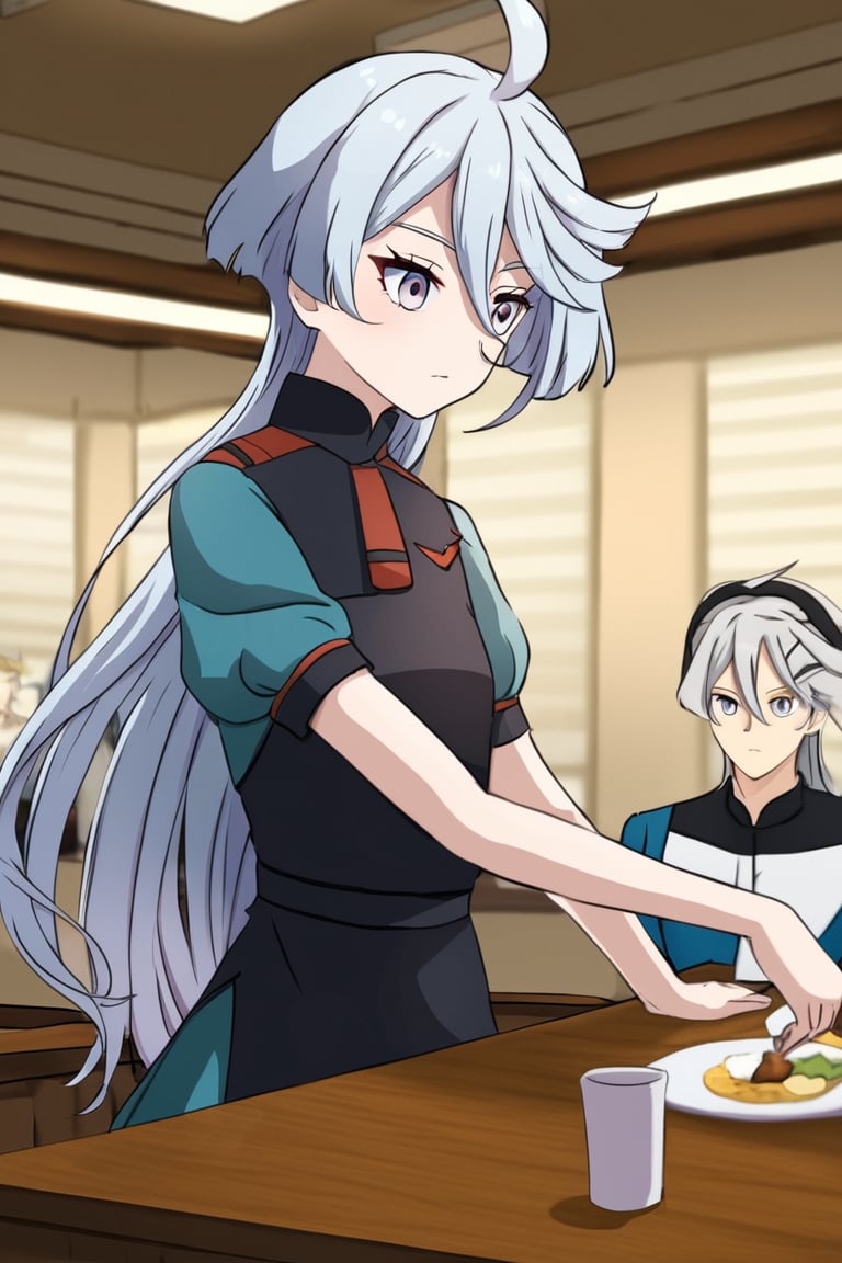 Masterpiece,best quality,ultra-detailed,miorine rembran, ahoge, grey eyes, grey hair, hair between eyes, long hair,
short sleeve maid uniform,cafeteria 