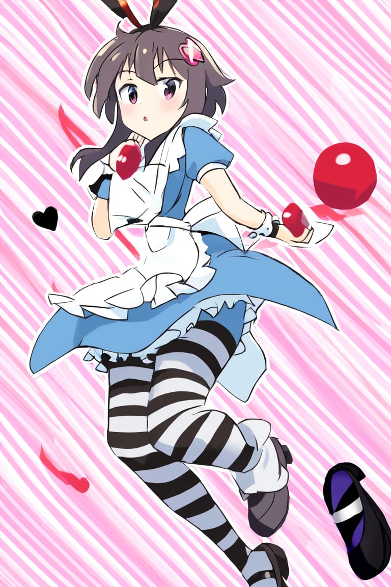 Masterpiece,best quality,ultra-detailed, megumin,ALICECOSPLAY,ALICE \(ALICE IN WONDERLAND\),\(COSPLAY\), APRON, BLACK PANTYHOSE,BLOOMERS, BLUE DRESS, BOW,FRILLED APRON, FRILLED DRESS, FRILLS,PUFFY SHORT SLEEVES, PUFFY SLEEVES,STRIPED CLOTHES, STRIPED PANTYHOSE,WHITE APRON, WHITE BLOOMERS,WHITE PANTYHOSE, WRIST CUFFS