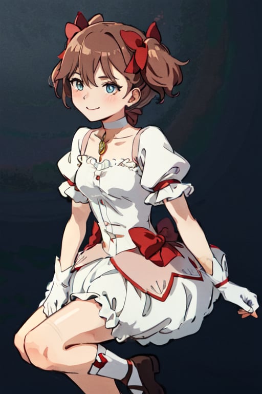 Masterpiece,best quality,ultra-detailed,sophie, brown hair, blue eyes, cosplay, kaname madoka, magical girl, rose, bubble skirt, choker, red choker, puffy short sleeves, twintails, hair bow, pink bow,gloves, collarbone, shoes, smile