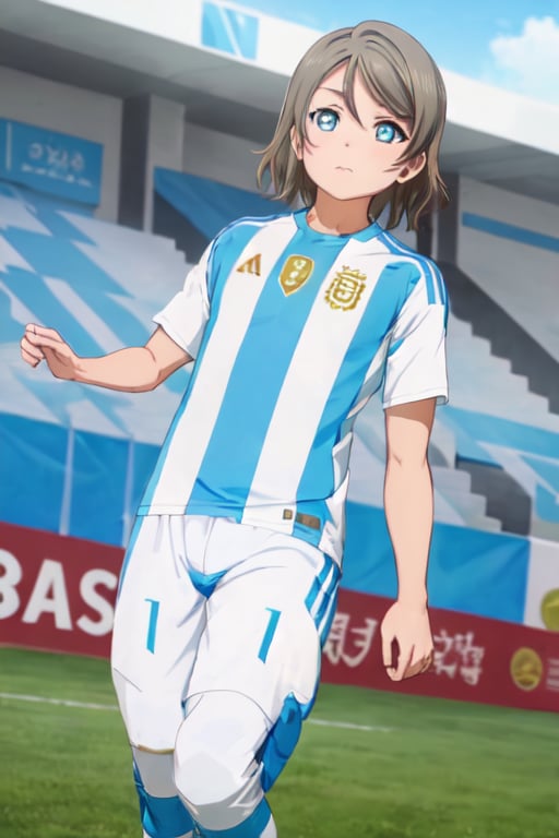 Masterpiece,best quality,sportswear,soccer uniform,shirt,shorts,light blue and white batons,you watanabe