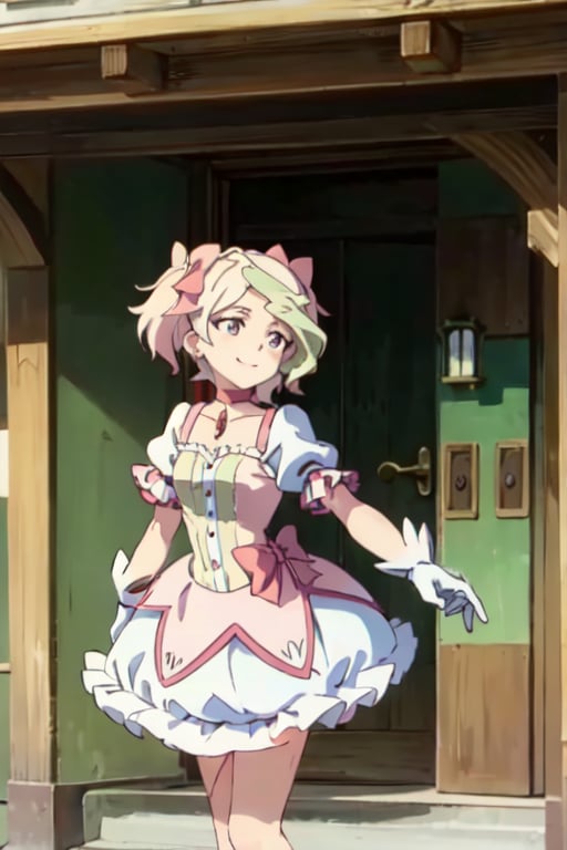 Masterpiece,best quality,ultra-detailed, cosplay, kaname madoka, magical girl, rose, bubble skirt, choker, red choker, puffy short sleeves, twintails, hair bow, pink bow,gloves, collarbone, shoes, smile, white gloves, soul gem,diana cavendish