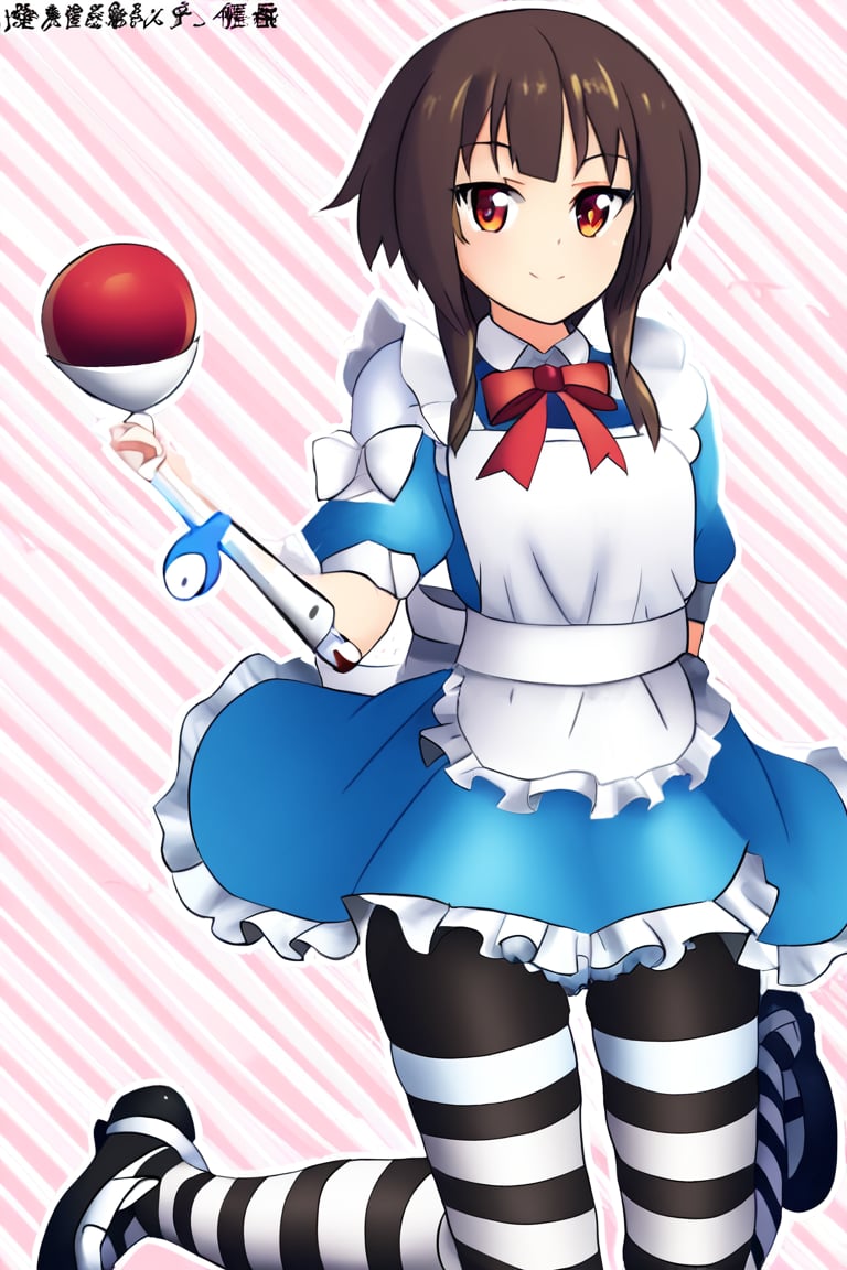 Masterpiece,best quality,ultra-detailed, megumin,ALICECOSPLAY,ALICE \(ALICE IN WONDERLAND\),\(COSPLAY\), APRON, BLACK PANTYHOSE,BLOOMERS, BLUE DRESS, BOW,FRILLED APRON, FRILLED DRESS, FRILLS,PUFFY SHORT SLEEVES, PUFFY SLEEVES,STRIPED CLOTHES, STRIPED PANTYHOSE,WHITE APRON, WHITE BLOOMERS,WHITE PANTYHOSE, WRIST CUFFS