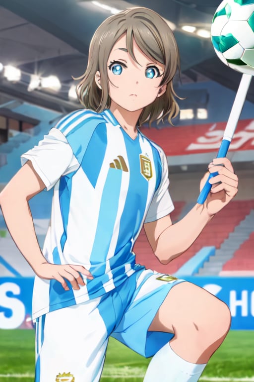 Masterpiece,best quality,sportswear,soccer uniform,shirt,shorts,light blue and white batons,you watanabe