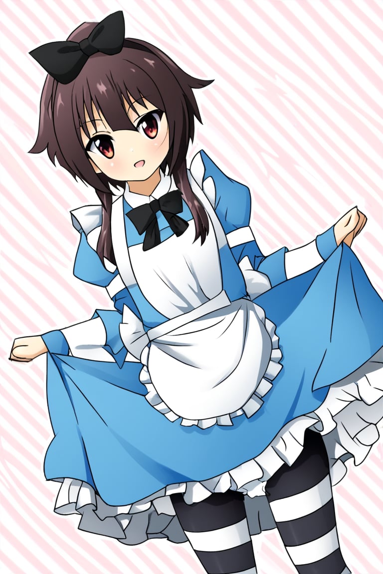 Masterpiece,best quality,ultra-detailed, megumin,ALICECOSPLAY,ALICE \(ALICE IN WONDERLAND\),\(COSPLAY\), APRON, BLACK PANTYHOSE,BLOOMERS, BLUE DRESS, BOW,FRILLED APRON, FRILLED DRESS, FRILLS,PUFFY SHORT SLEEVES, PUFFY SLEEVES,STRIPED CLOTHES, STRIPED PANTYHOSE,WHITE APRON, WHITE BLOOMERS,WHITE PANTYHOSE, WRIST CUFFS