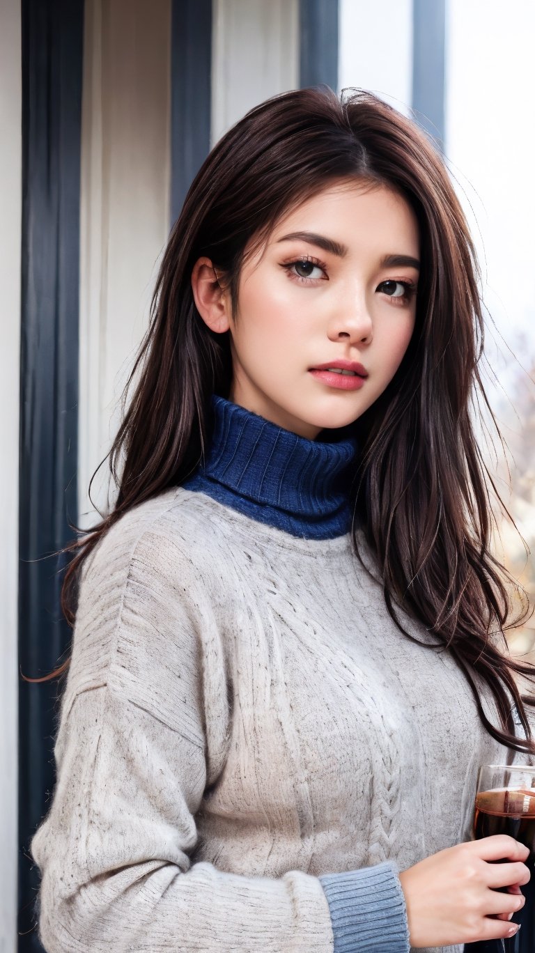 Generate hyper realistic image of a beautiful woman with blue eyes and brown hair, wearing a warm sweater and a stylish turtleneck. Her upper body is depicted with realistic details, showcasing the subtle charm of parted lips and a hint of freckles. The scene captures the essence of a cozy winter day, with her hair slightly messy, giving a touch of natural elegance