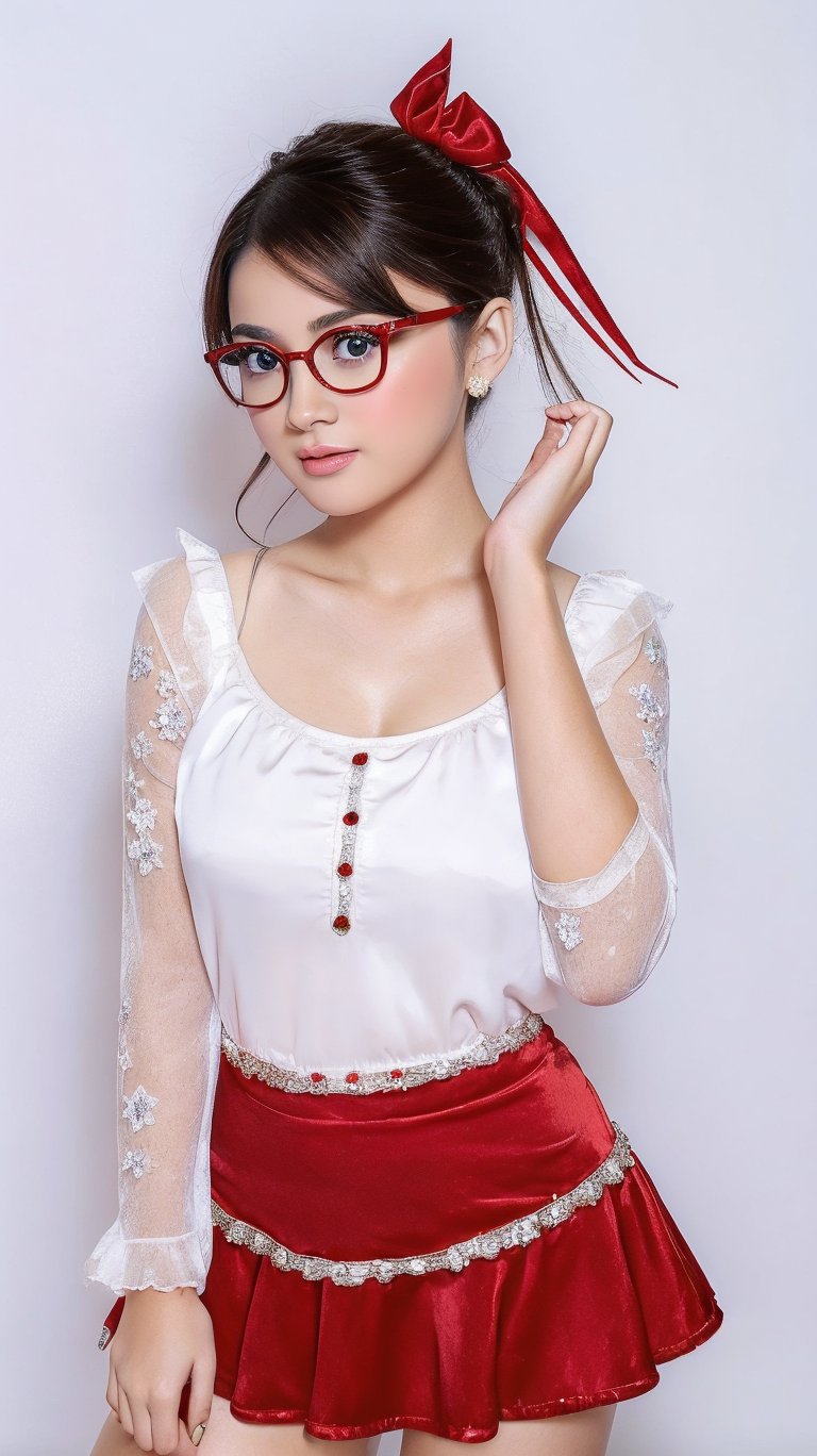 (Best Quality, Masterpiece:1.2),Solo, Photorealistic,,(Big Eyes,beautiful detailed eyes, short hair, wearing glasses, megane symmetric eyes,),,, (Red White dress), Stocking,crushed velvet, skirt, bow, ribbon, jewel, Sheer long sleeves,Frills,Thigh,Pink BackGround, 