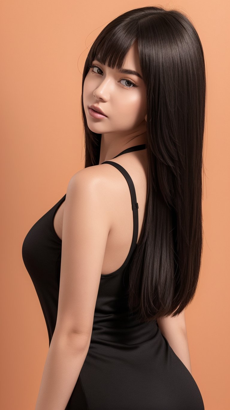 1girl,hair with bangs,black long dress,orange background,