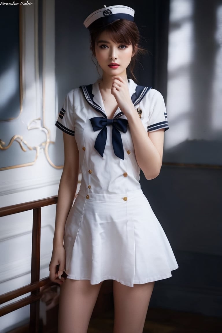 ((masterpiece, best quality, absurdres, highres, high quality, 8k raw)), (((full body standing portrait))) 1girl, freckles, eyelashes, eyeshadow, tall body, slim leg, petite body, blushed, (brown hair), perky,medium breasts, (((sailor uniform:1.4))), (hi-top fade:1.3), night, fog, (natural pale skin texture, hyperrealism, soft light, sharp), artistic photoshoot,