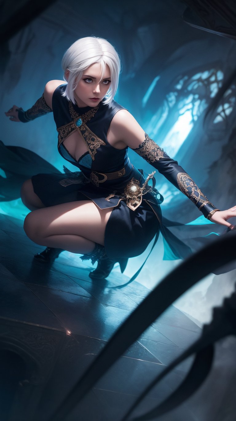 short white hair, 1girl, accessories, piercing, intricate background, fantasy, mythical, misterious, masterpiece, best quality, dynamic angle, cinematic composition, detailed face