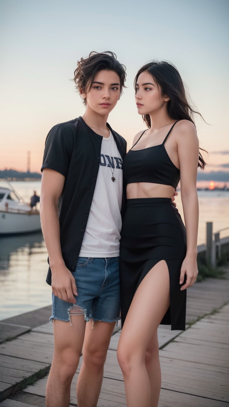 a expressive ,((1boy, 1girl, group, Duo, close ieach other)), sexy outfit, Calm sky with sailboats on the horizon,Middle Ages,Grunge style Textured distressed vintage edgy punk rock vibe dirty noisy,style by Misha Gordin,bokeh professional 4k highly detailed,Fujichrome Provia 100F,split lighting