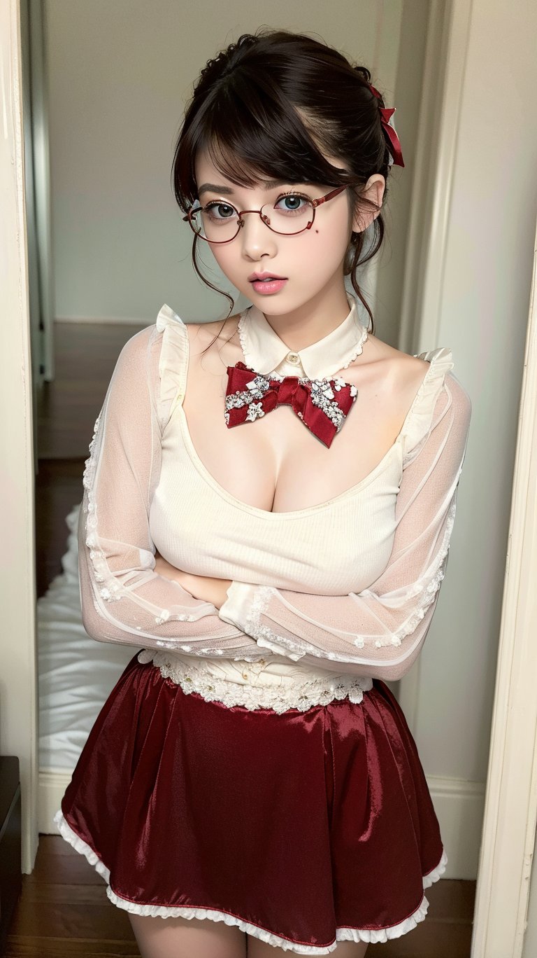 (Best Quality, Masterpiece:1.2),Solo, Photorealistic,,(Big Eyes,beautiful detailed eyes, short hair, wearing glasses, megane symmetric eyes,),,, (Red White dress), Stocking,crushed velvet, skirt, bow, ribbon, jewel, Sheer long sleeves,Frills,Thigh,Pink BackGround, 