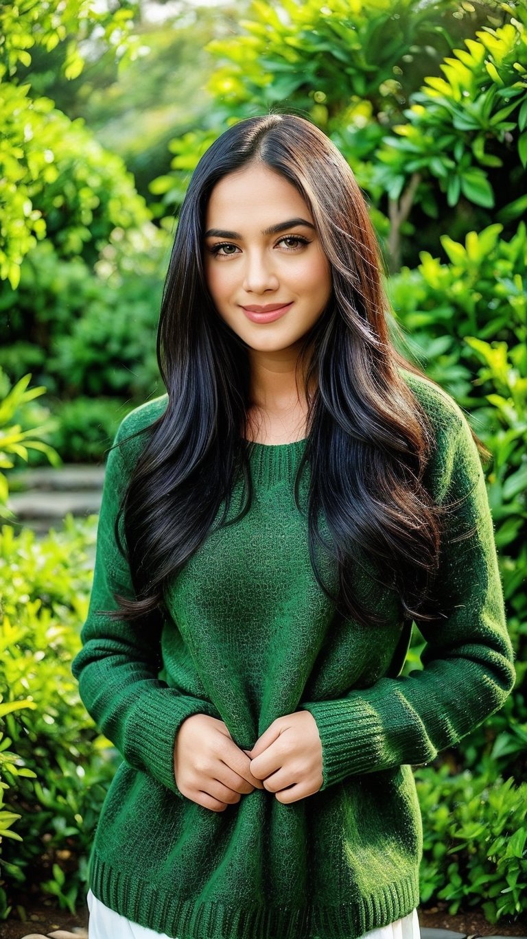 A serene shot of the lovely Indian model, standing amidst lush greenery in a picturesque garden. The camera frames her from the waist up, showcasing her toned physique clad in a vibrant green sweater that complements her dark locks. Her long black hair cascades down her back like a waterfall, with a few loose strands framing her heart-shaped face. A gentle smile plays on her lips, exuding warmth and approachability. The soft focus and natural lighting bring out the best in her, as she strikes a confident pose amidst the tranquil garden surroundings.